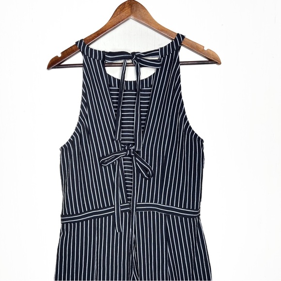 Skies Are Blue Tie Back Black White Striped Pinafore Flare Leg Cropped Jumpsuit - Picture 11 of 16